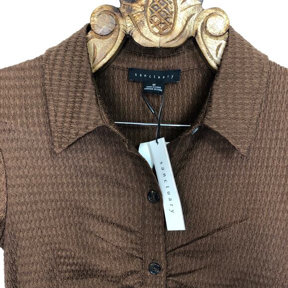 Sanctuary Dress Brown Collar Button Up Shirt Ruched Mini Short Sleeve Medium NEW - Picture 3 of 7